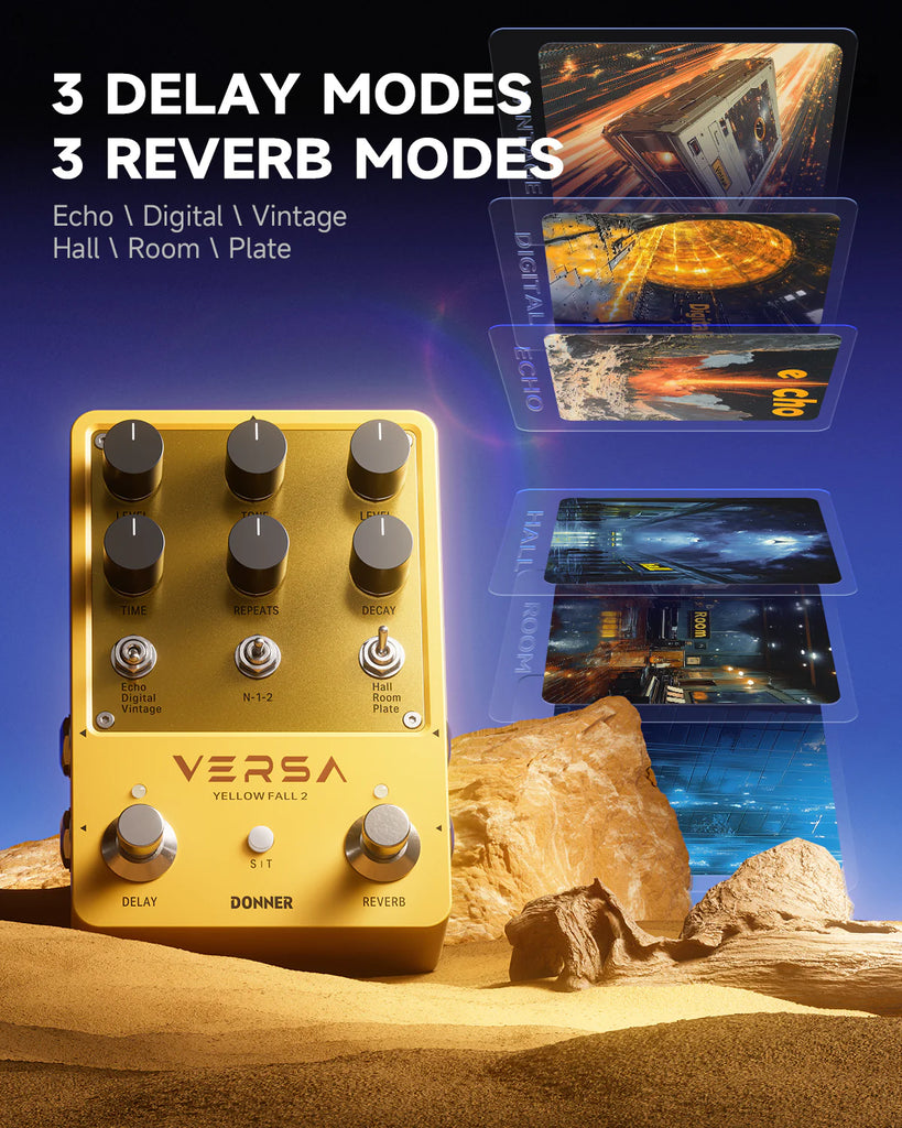 delay reverb pedal combo Donner Versa Yellow Fall II 2-in-1 Reverb & Delay Pedal for Guitar