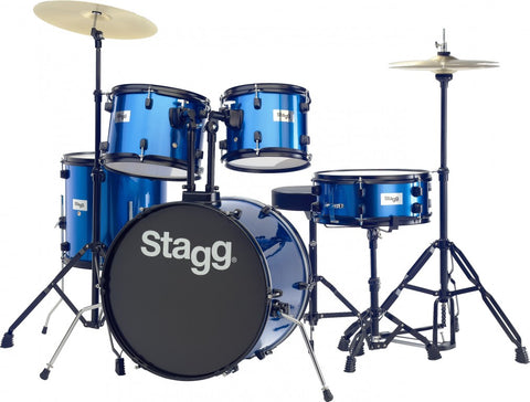 Stagg 5 Piece Complete 6-Ply Basswood 10/12/14/20" Drum Set w/Matching 14" Snare & Cymbals/Hardware (Blue)