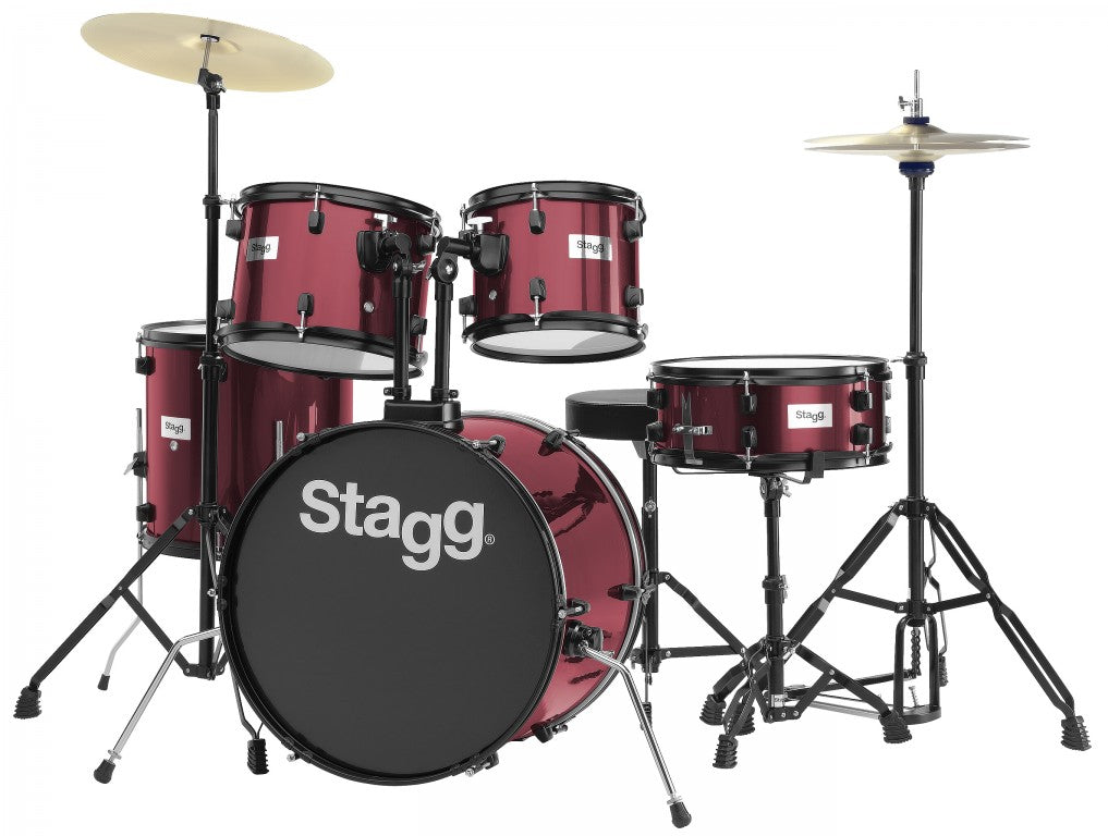 Stagg 5 Piece Complete 6-Ply Basswood 10/12/14/20" Drum Set w/Matching 14" Snare & Cymbals/Hardware (Red)