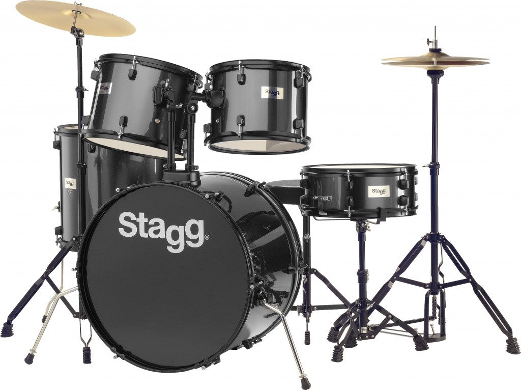 Stagg 5 Piece Complete 6-Ply Basswood 12/13/16/22" Drum Set w/Matching 14" Snare & Cymbals/Hardware (Black)