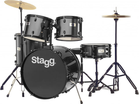 Stagg 5 Piece Complete 6-Ply Basswood 12/13/16/22" Drum Set w/Matching 14" Snare & Cymbals/Hardware (Black)