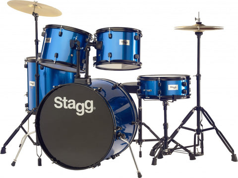 Stagg 5 Piece Complete 6-Ply Basswood 12/13/16/22" Drum Set w/Matching 14" Snare & Cymbals/Hardware (Blue)