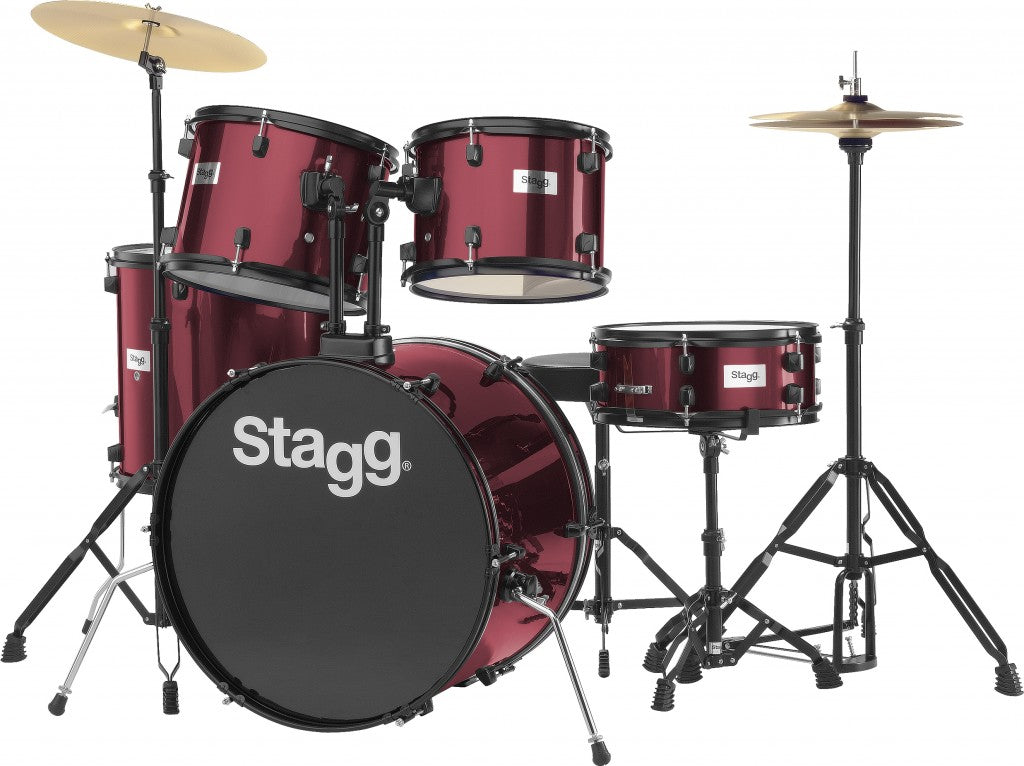Stagg 5 Piece Complete 6-Ply Basswood 12/13/16/22" Drum Set w/Matching 14" Snare & Cymbals/Hardware (Red)
