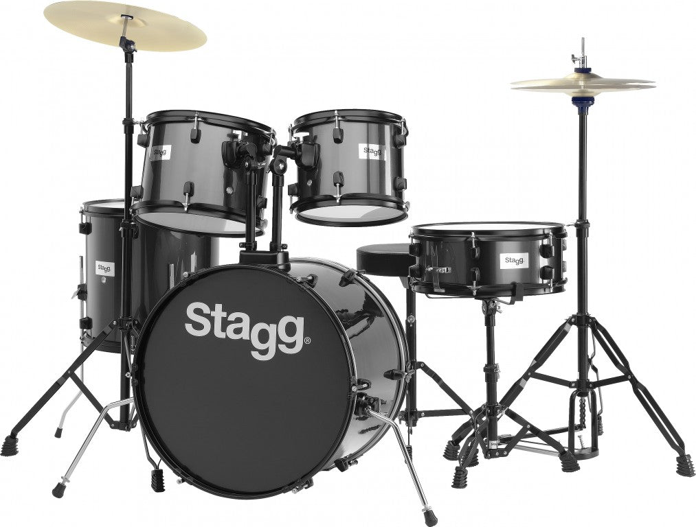 Stagg 5 Piece Complete 6-Ply Basswood 10/12/14/20" Drum Set w/Matching 14" Snare & Cymbals/Hardware (Black)